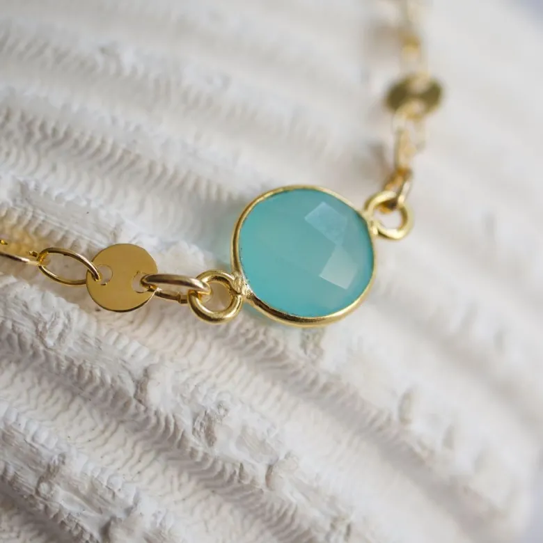 Collier ras du cou plaqué or 14 k, chaine cercles doré, pierre vert d'eau