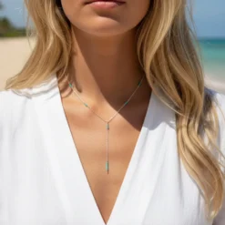 Collier y, sautoir, argent 925, perles pierre turquoise, fin