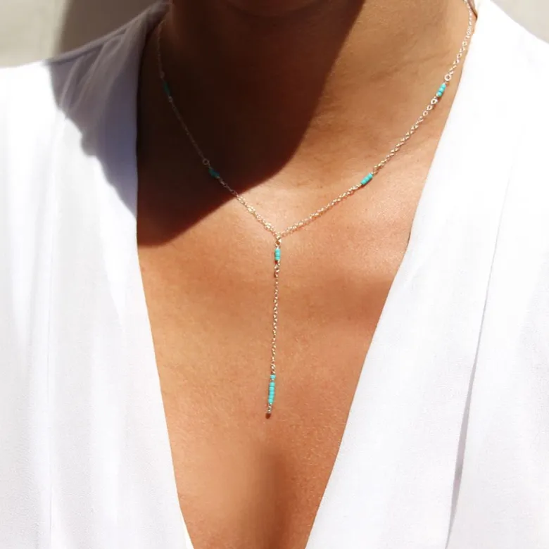Collier y, sautoir, argent 925, perles pierre turquoise, fin
