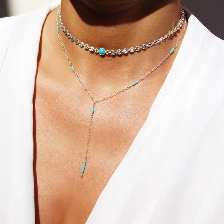Collier y, sautoir, argent 925, perles pierre turquoise, fin