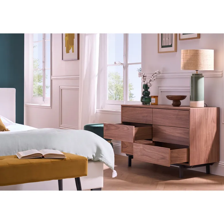 Commode bois foncé noyer et métal noir 6 tiroirs l120 cm manny