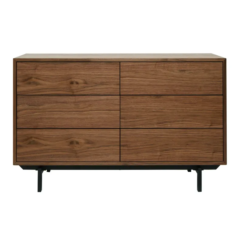Commode bois foncé noyer et métal noir 6 tiroirs l120 cm manny