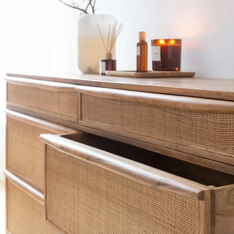 Commode en bois de manguier et cannage rim