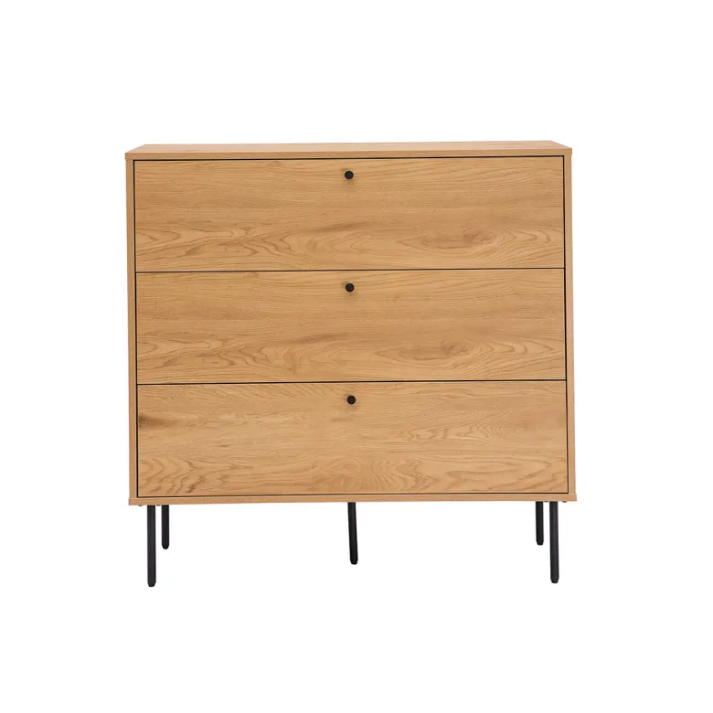 Commode finition bois clair chêne et pieds métal noir 3 tiroirs l100 cm pernelle