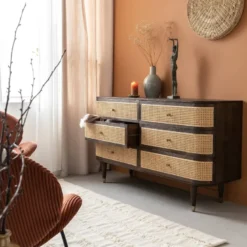 Commode 6 tiroirs en bois de manguier et cannage soren