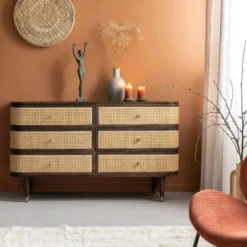 Commode 6 tiroirs en bois de manguier et cannage soren