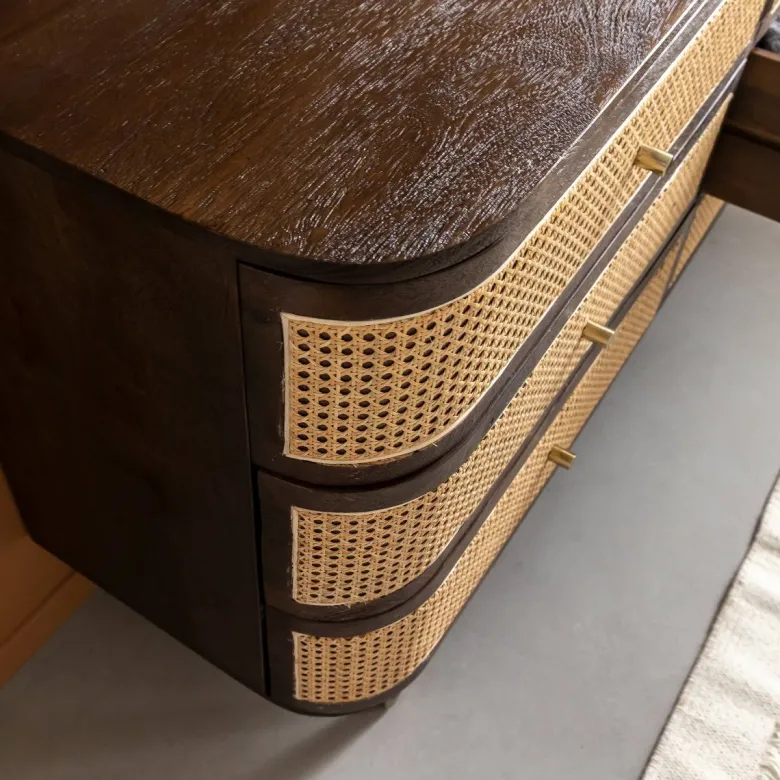 Commode 6 tiroirs en bois de manguier et cannage soren