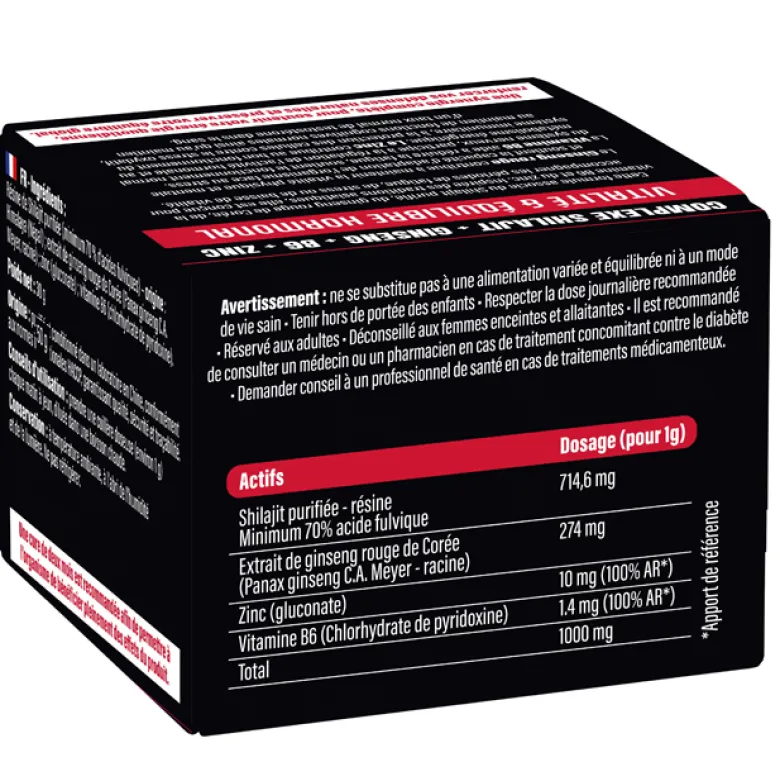 Complexe Shilajit de l’Himalaya & ginseng rouge de Corée vitamine B6 zinc 30