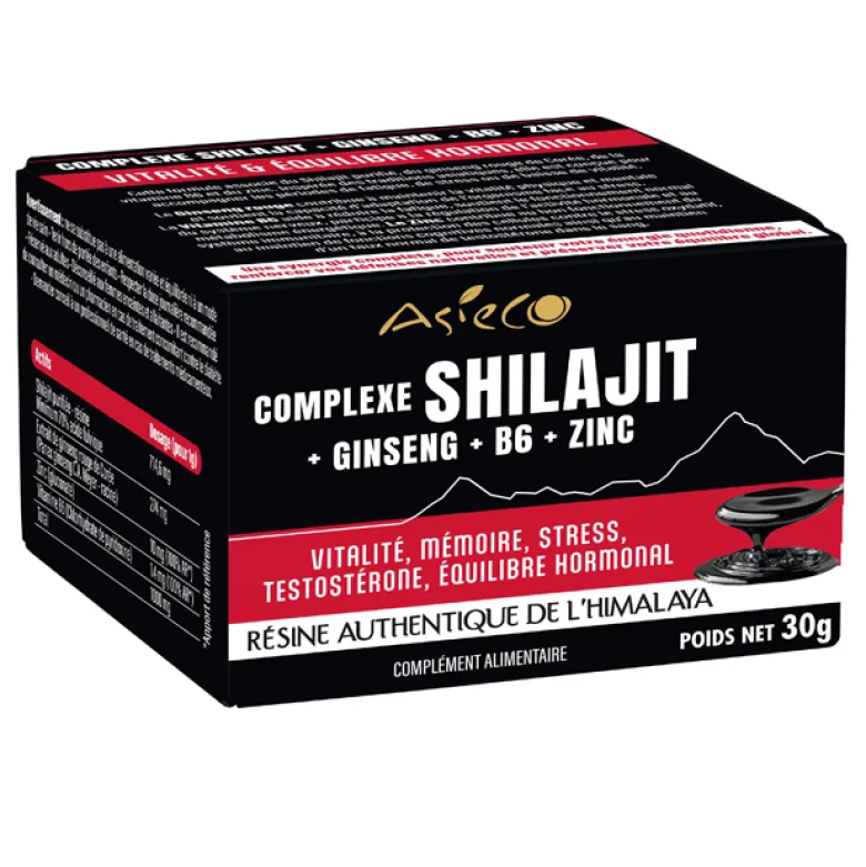 Complexe Shilajit de l’Himalaya & ginseng rouge de Corée vitamine B6 zinc 30