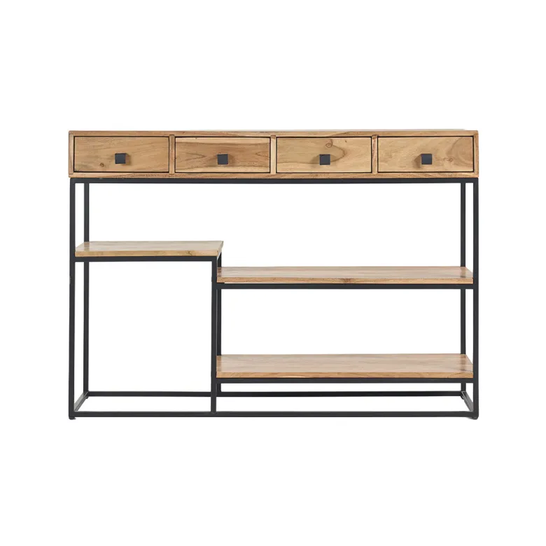 Console avec rangements 4 tiroirs en bois massif et métal noir l115 cm grenelle