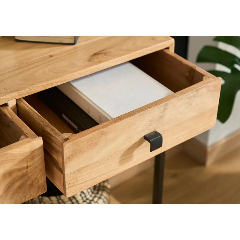 Console avec rangements 2 tiroirs en bois massif et métal noir l80 cm axelle