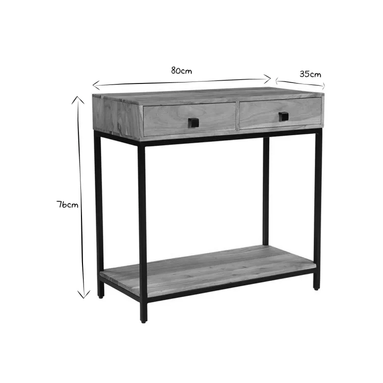 Console avec rangements 2 tiroirs en bois massif et métal noir l80 cm axelle