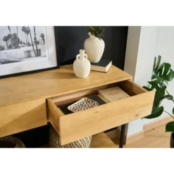 Console avec 2 tiroirs en bois manguier massif et métal noir l110 cm ypster