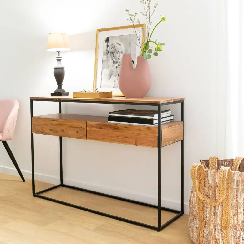 Console en bois d'acacia et métal