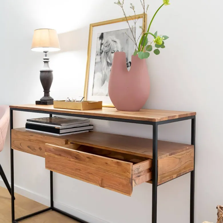 Console en bois d'acacia et métal