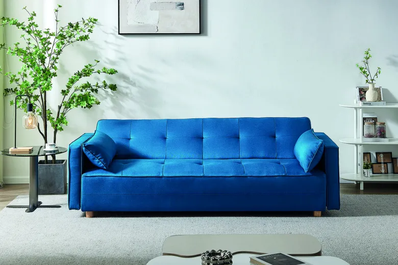 Copenhague canapé scandinave convertible 3 places en tissu bleu canard