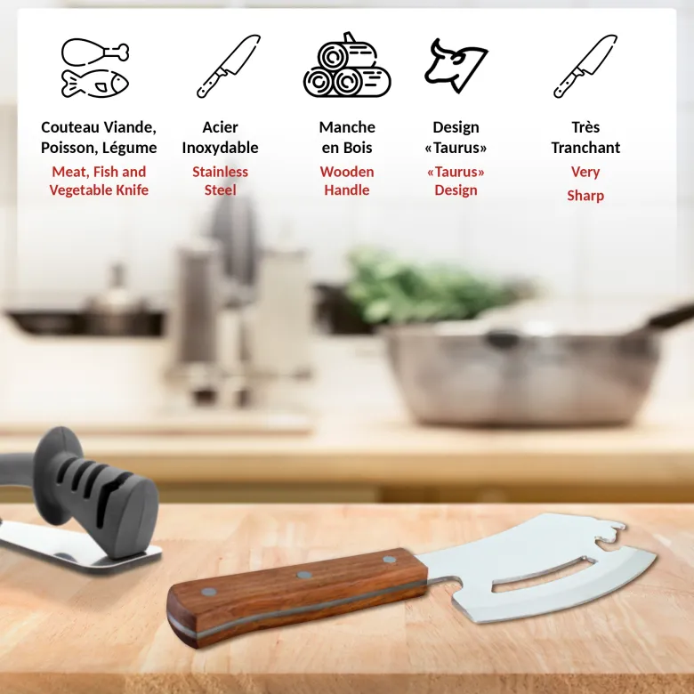 Couteau de chef taurus lame acier inox 30cr13 manche bois massif