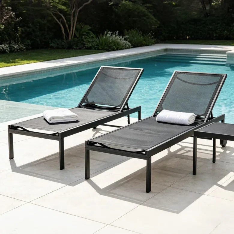 Cuba lot de 2 bains de soleil inclinables noir avec roues en aluminium