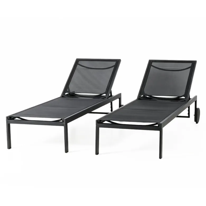 Cuba lot de 2 bains de soleil inclinables noir avec roues en aluminium