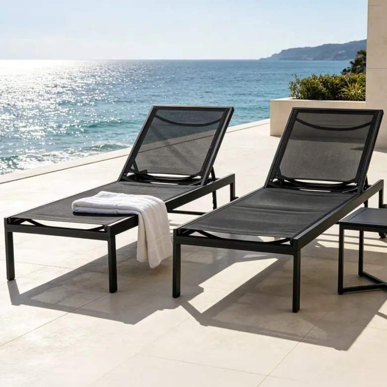 Cuba lot de 2 bains de soleil inclinables noir avec roues en aluminium