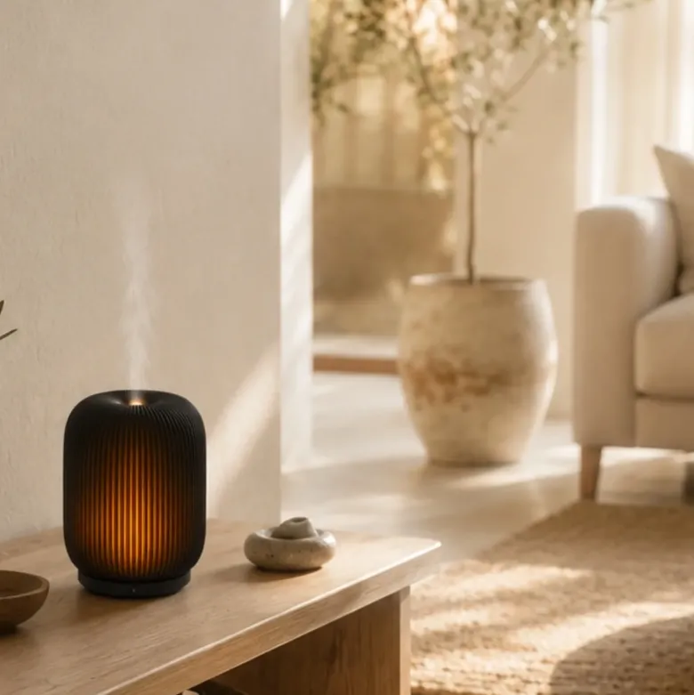 Diffuseur d'huiles essentielles ultrasonique eluné en verre, led blanc chaud