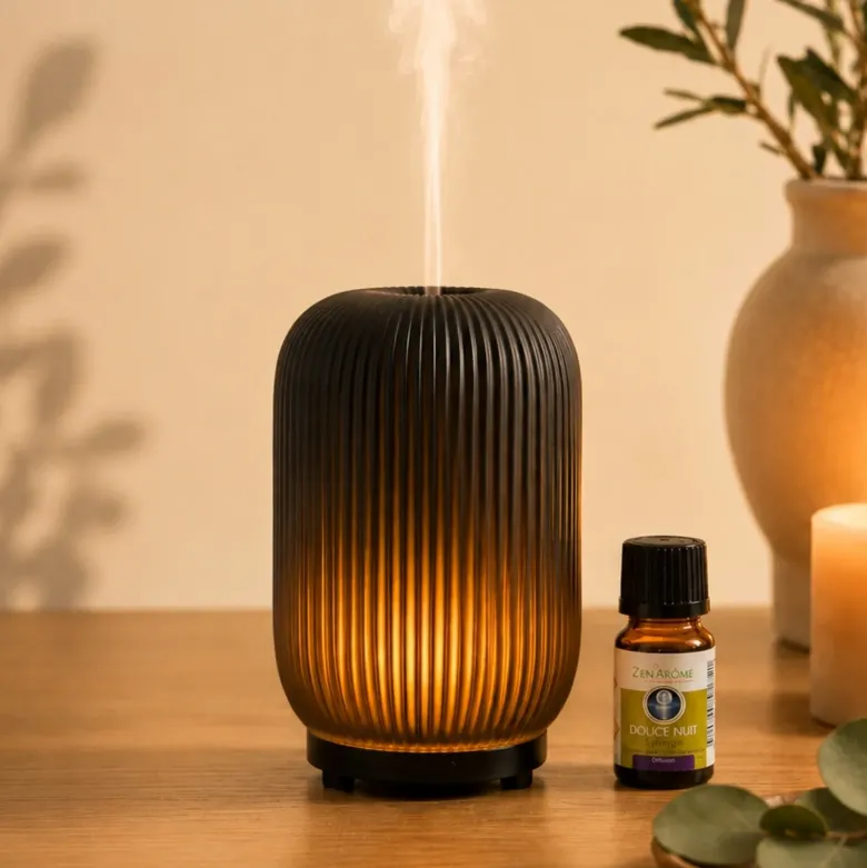 Diffuseur d'huiles essentielles ultrasonique eluné en verre, led blanc chaud