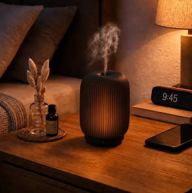 Diffuseur d'huiles essentielles ultrasonique eluné en verre, led blanc chaud