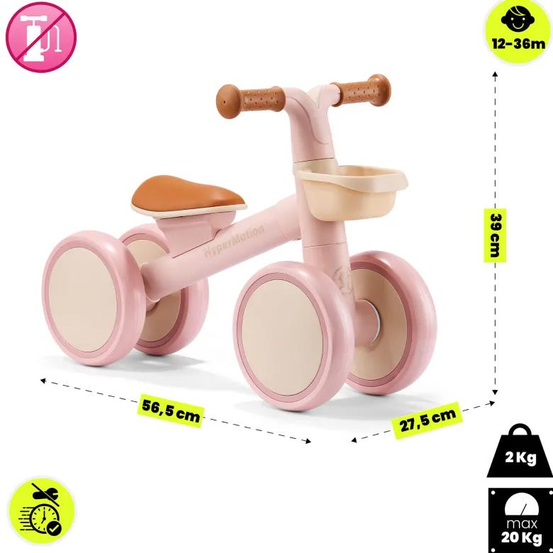 Draisienne enfant 4 roues hypermotion tobi mini rose avec panier 12-36 mois