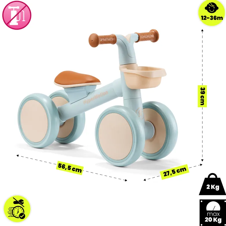 Draisienne enfant 4 roues hypermotion tobi mini bleu avec panier 12-36 mois