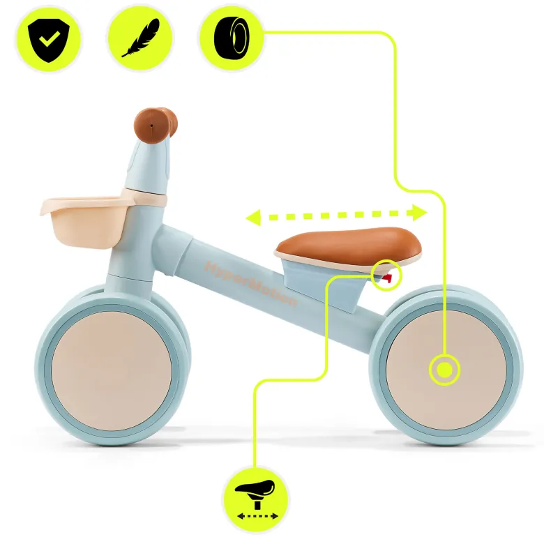 Draisienne enfant 4 roues hypermotion tobi mini bleu avec panier 12-36 mois
