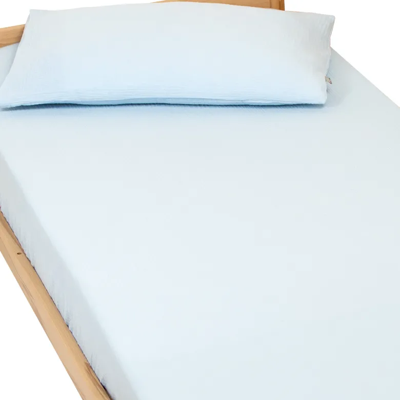Drap housse gaze de coton uni bleu
