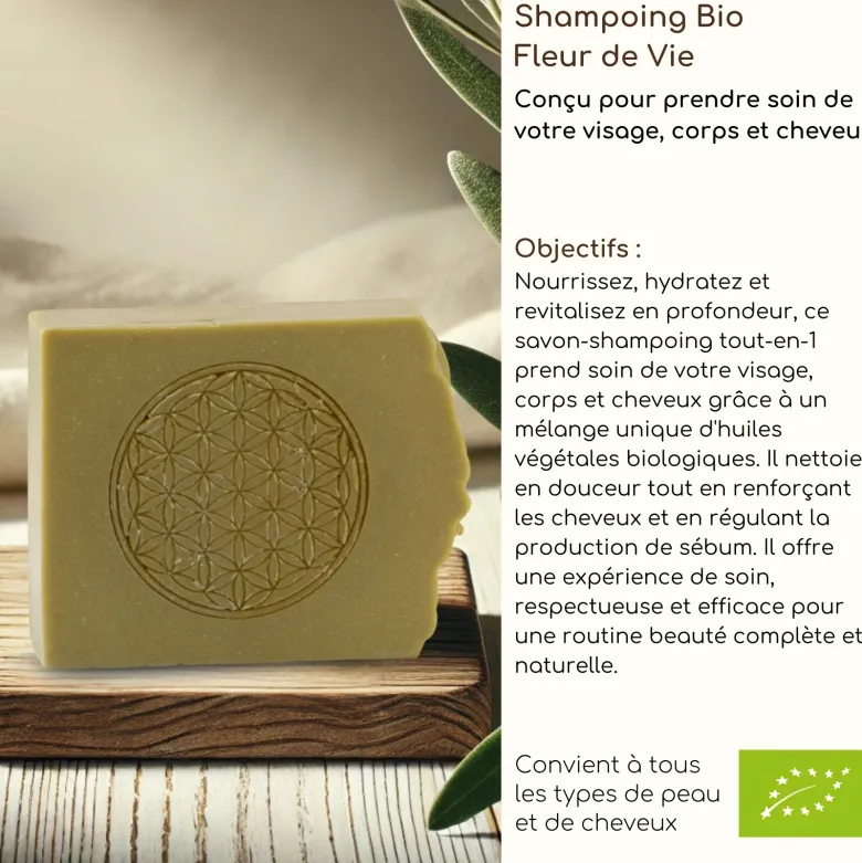 Duo shampoing solide bio fleur de vie et support magnétique fabriqué en france