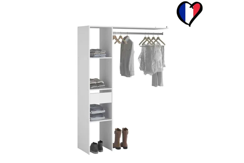 Elysee dressing blanc 3 étagères 1 tiroir penderie 138 x 40 x 180 cm