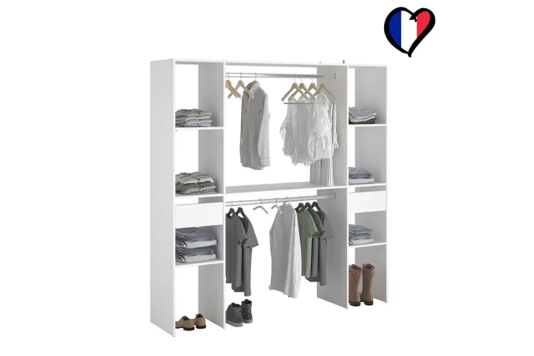 Elysee dressing blanc 6 étagères 2 tiroirs 2 penderies 180 x 40 x 180 cm