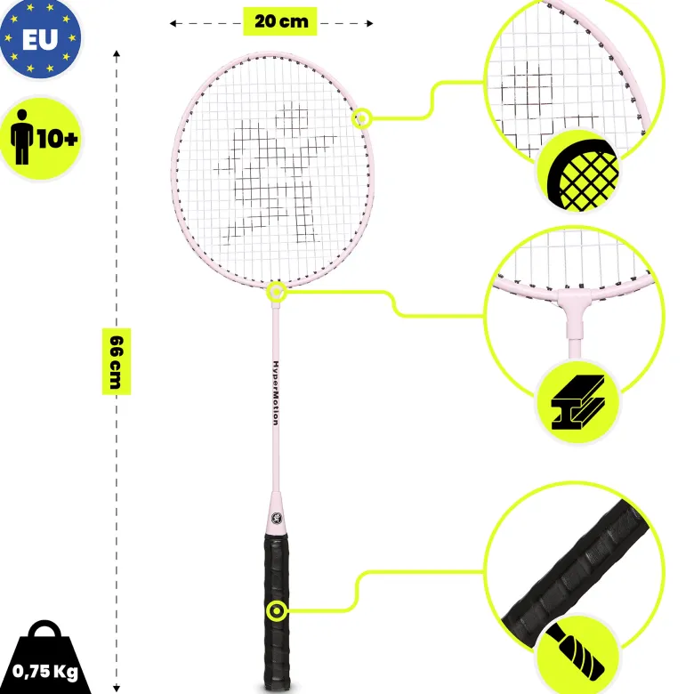 Ensemble de badminton hypermotion 2 raquettes acier avec housse rose
