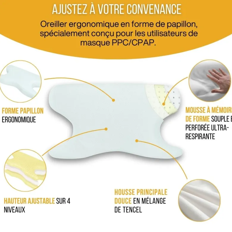 Ensemble oreiller ppc, cpap ergonomique réglable + taie rafraîchissante
