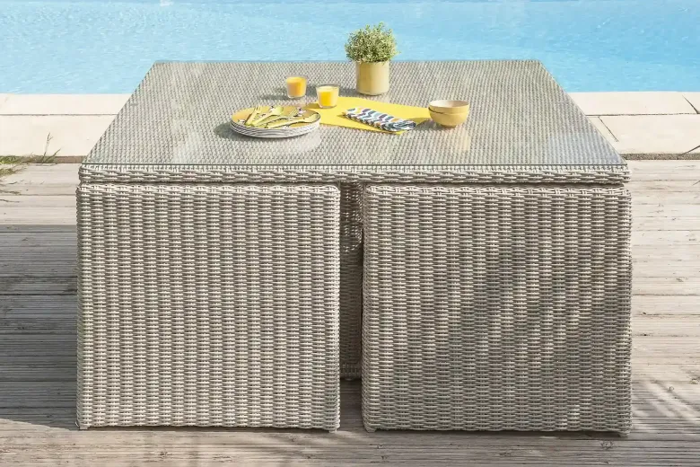 Ensemble repas de jardin encastrable 8 places en résine tressée - crème