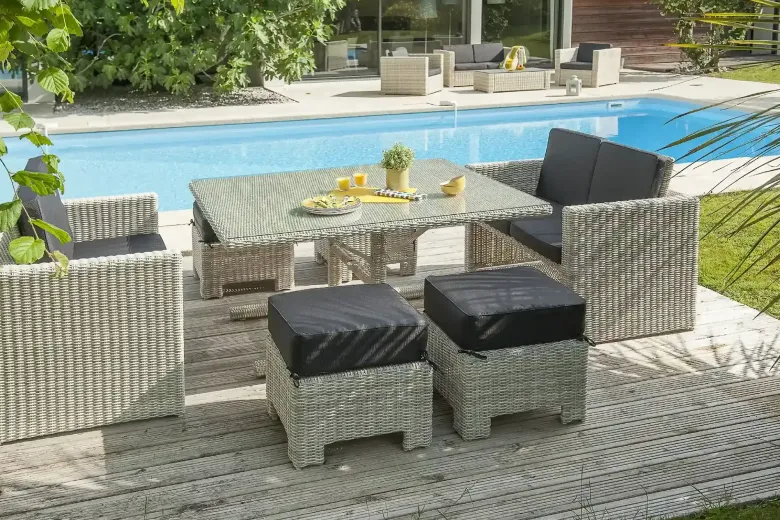 Ensemble repas de jardin encastrable 8 places en résine tressée - crème