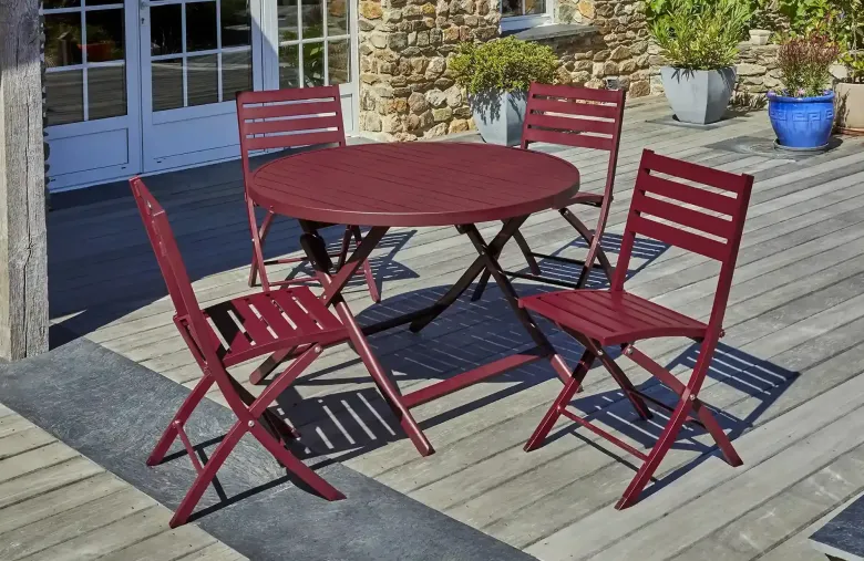Ensemble repas de jardin rond 4 places en aluminium - rouge carmin