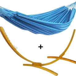Ensemble support bois avec hamac simple bleu ciel
