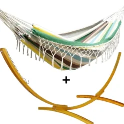 Ensemble support bois avec hamac à franges multicolore