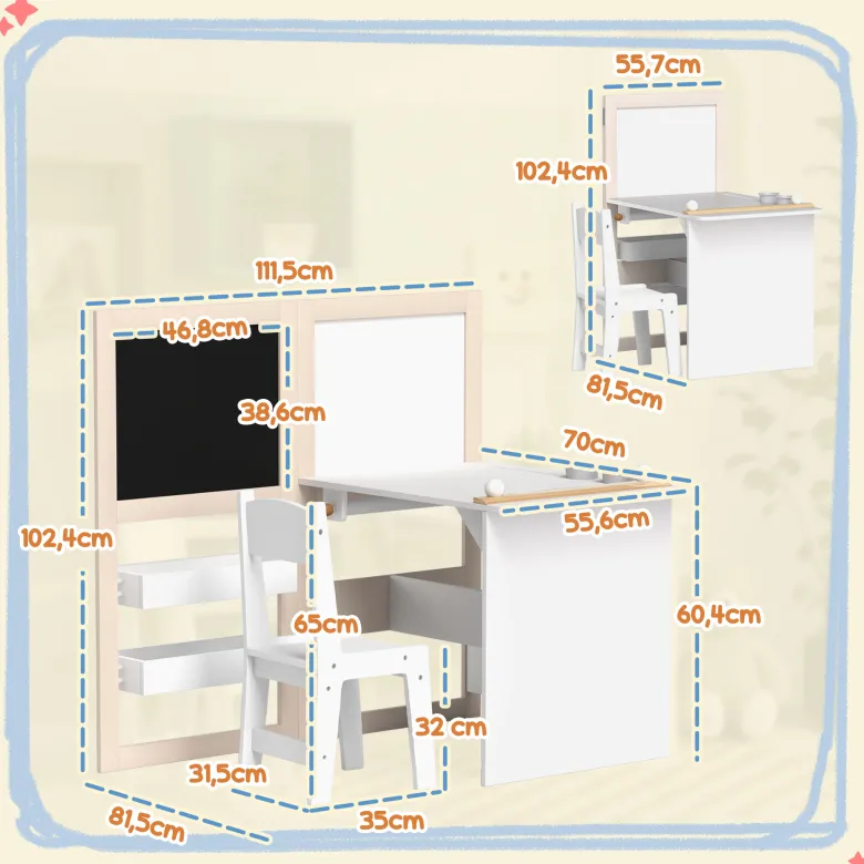 Ensemble table chaise tableaux pliables enfant multi-rangement beige blanc
