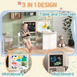 Ensemble table chaise tableaux pliables enfant multi-rangement beige blanc