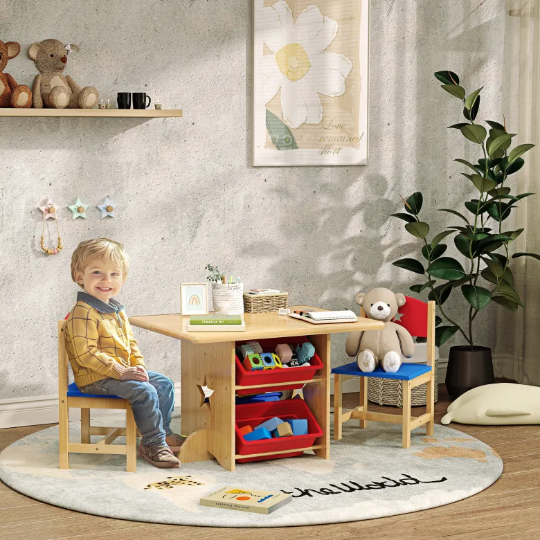 Ensemble table et chaises enfant bois 4 bacs de rangement inclus