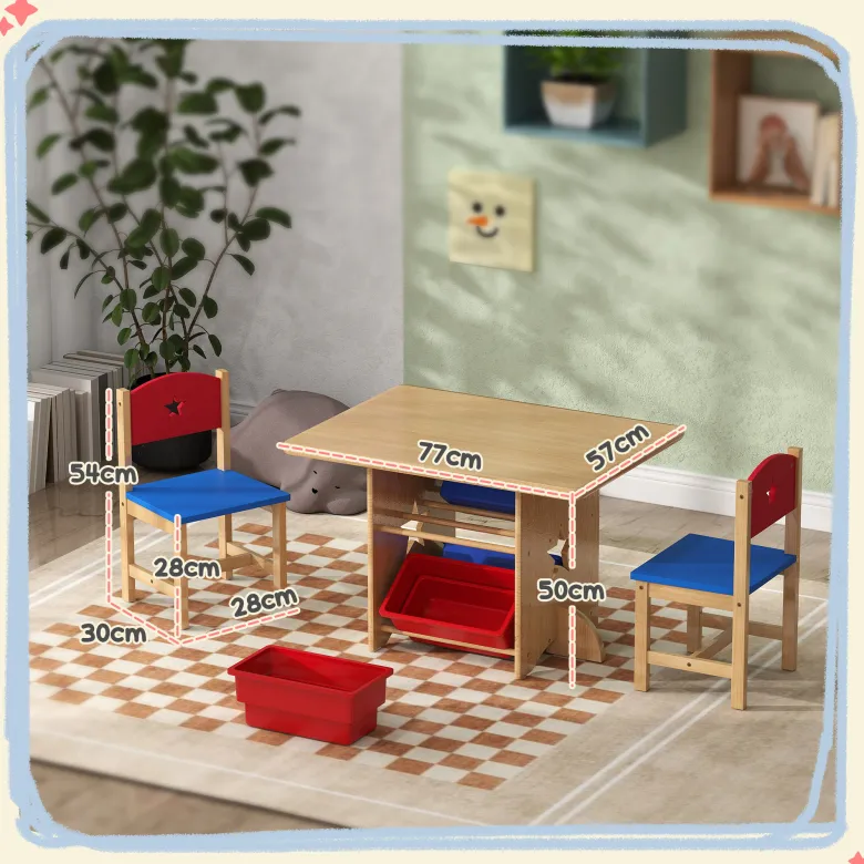 Ensemble table et chaises enfant bois 4 bacs de rangement inclus