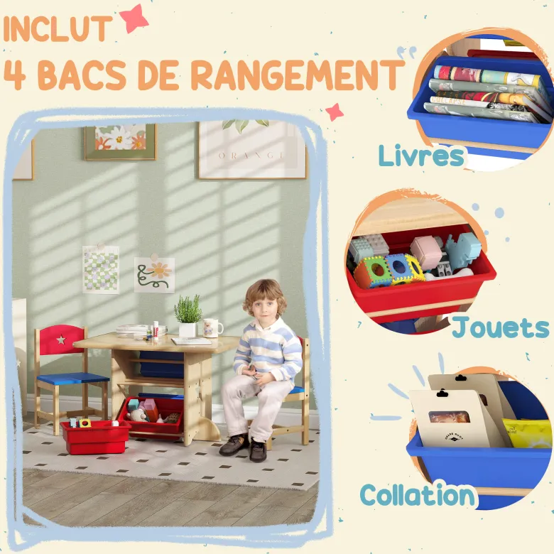 Ensemble table et chaises enfant bois 4 bacs de rangement inclus