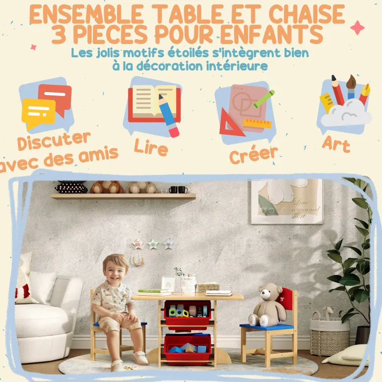 Ensemble table et chaises enfant bois 4 bacs de rangement inclus
