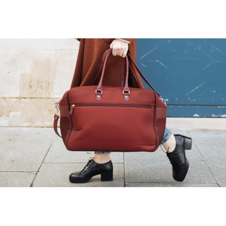 E2r bagage cabine femme tissu et cuir bordeaux upcyclés giovana
