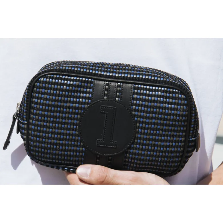 E2r trousse de toilette homme tissu et cuir gris blanc jaune bobby