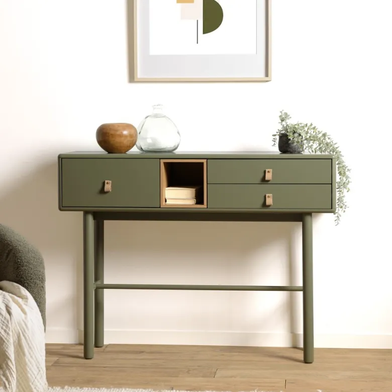 Ethan - console 3 tiroirs et 1 niche en bois naturel vert